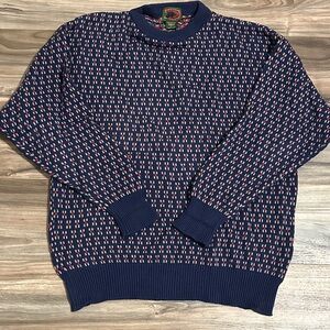 Vintage Cotton Traders Sweater Navy Red Pattern Crewneck Pullover Mens Large